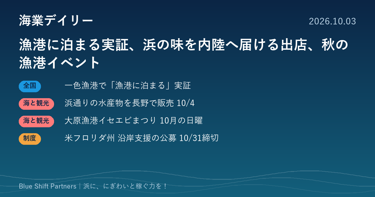 漁港に泊まる実証、浜の味を内陸へ届ける出店、秋の漁港イベント